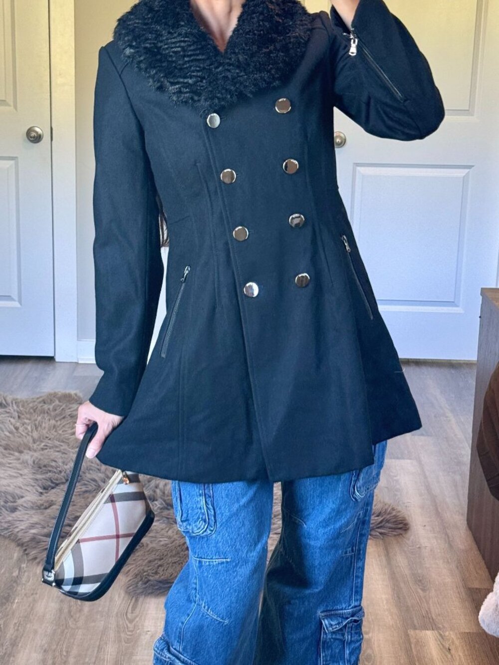 Guess Black Wool Coat Size S Double Breasted Faux Fur Collar Luxury Y2K Mobwife